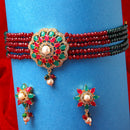 Red & Green Gold-Plated American Diamond Stone Studded & Beaded Jewellery Set
