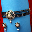 Multi-String Choker Gold-Plated Black & White AD-Studded & Beaded Jewellery Set
