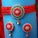 Red & Green Gold-Plated American Diamond Studded Choker Necklace with Earrings