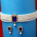 White & Navy Blue Gold-Plated American Diamond Studded and Pearl Beaded Choker Jewellery Set