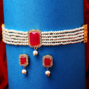Red & White Gold-Plated  American Diamond Stone-Studded & Beaded Jewellery Set