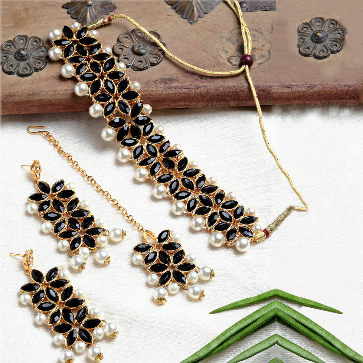 Black White Stone Studded Beaded Flower Shaped Gold-Plated Choker