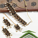 Black & White Stone Studded & Beaded Flower Shaped Gold-Plated Choker Necklace With Earrings & Maang Tika