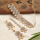 Flower Shaped Gold-Plated Kundan Pearl & Crystal  Studded Necklace With Crystal Studded Earrings And Maang Tikka Antique Choker Jewellery Set