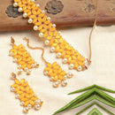 Yellow & White Stone Studded & Beaded Flower Shaped Gold-Plated Choker Bridal Necklace With Earrings & Maang Tika