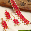 Red & White Kundan Studded Flower Shaped Gold-Plated Choker Necklace With Earrings & Maang Tika