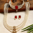 Gold-Plated & Red Stone-Studded & Beaded Temple Jewellery Set Combo