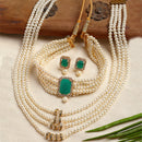 Gold-Plated Green Stone-Studded & Pearl Beaded Jewellery Set Combo