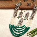 Flower Shaped Gold-Plated Kundan Pearl & Ruby Green-White Beads Studded Necklace Set With Crystal Earring and Maang Tika