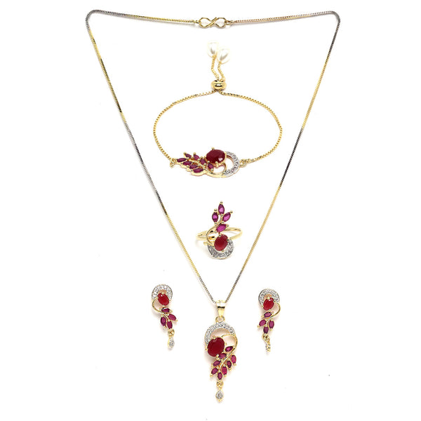 Red 18K Gold-Plated Cubic Zirconia Studded Handcrafted Jewellery Set Combo