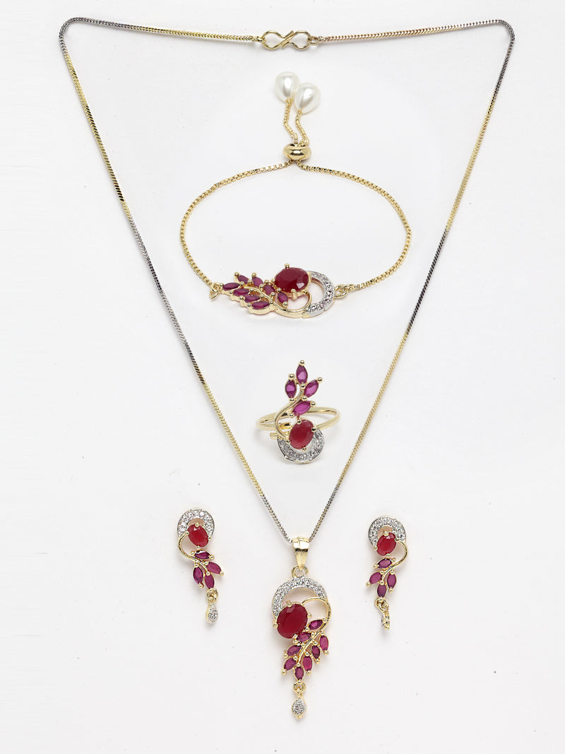 Red 18K Gold-Plated Cubic Zirconia Studded Handcrafted Jewellery Set Combo