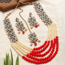 Flower Shaped Gold-Plated Kundan Pearl & Ruby Red-White Beads Studded Necklace Set With Crystal Earring and Maang Tika