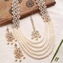 Flower Shaped Gold-Plated Kundan Pearl & Ruby White Beads Studded Necklace Set With Crystal Earring and Maang Tika