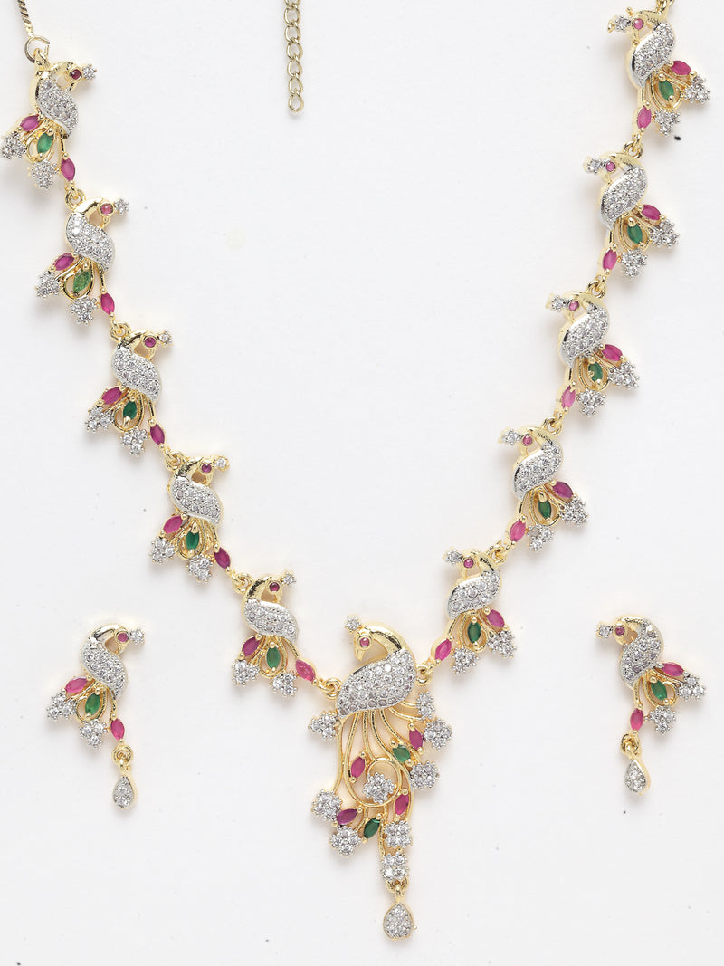 Peacock Shaped Gold-Plated with Silver-Toned Pink and Green American Diamond Studded Handcrafted Jewellery Set