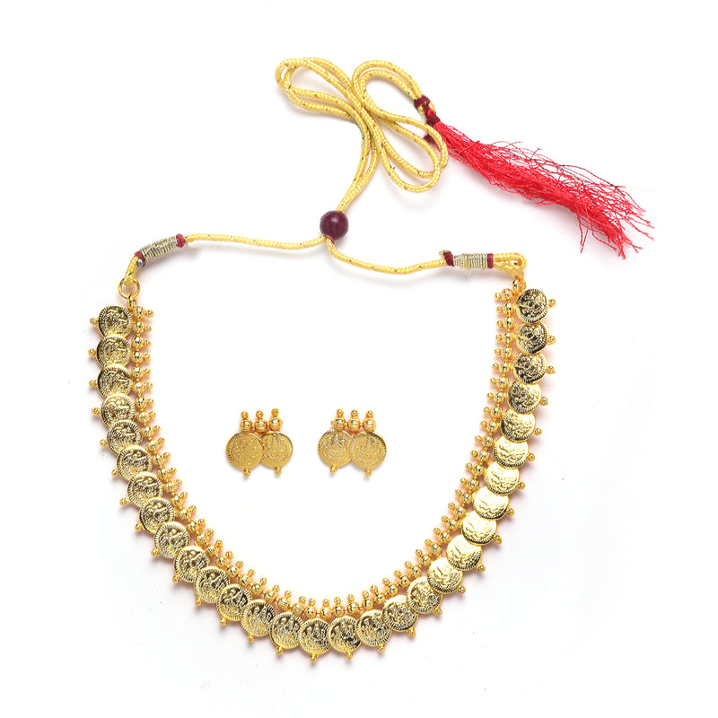 Traditional Temple Coin Gold-Plated Choker Necklace With Drop Earrings