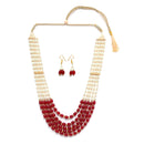 Off White Maroon Beaded Rajasthani Vintage Single String 5 Layered Necklace With Drop Earring Jewellery Set