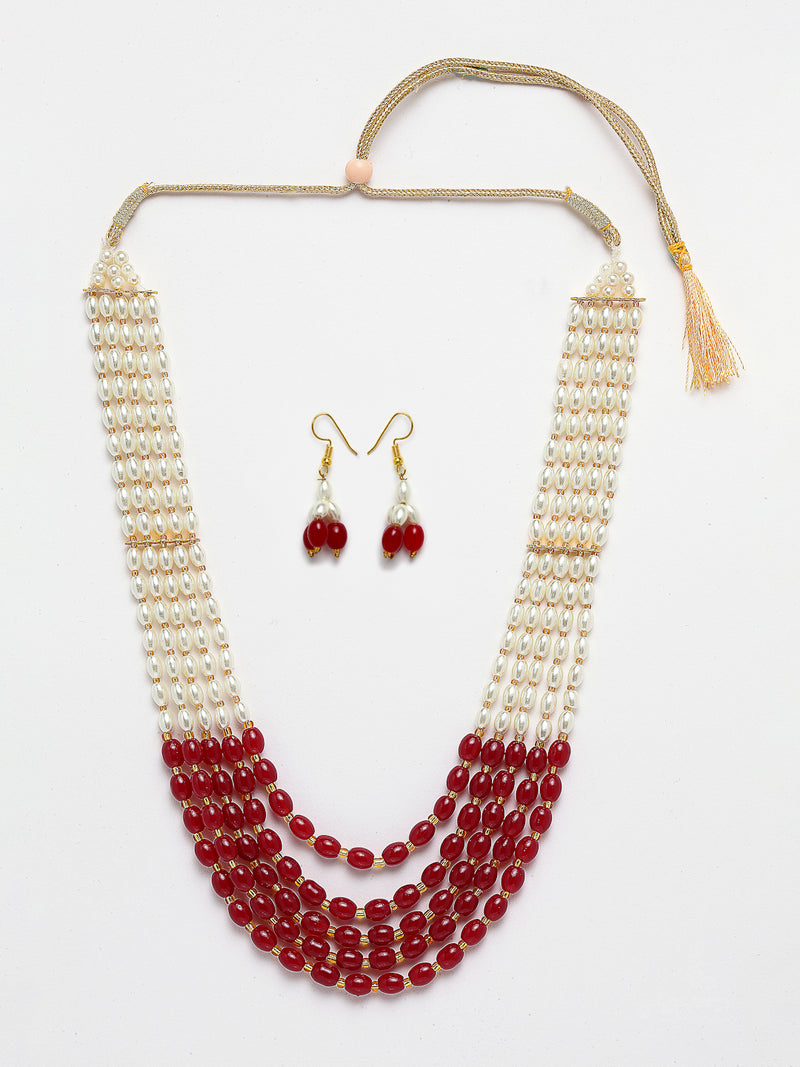 Off White Maroon Beaded Rajasthani Vintage Single String 5 Layered Necklace With Drop Earring Jewellery Set