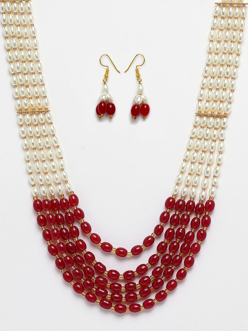Off White Maroon Beaded Rajasthani Vintage Single String 5 Layered Necklace With Drop Earring Jewellery Set