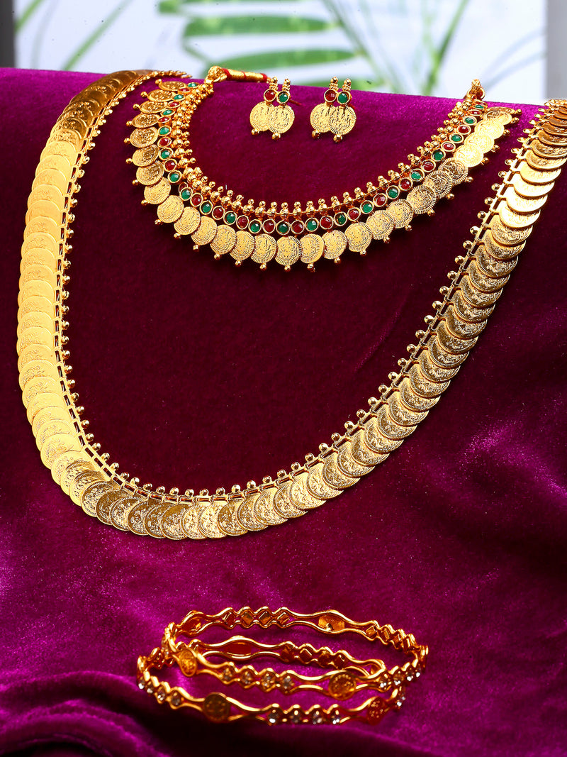 Gold-Plated Red Green Stone-Studded & Beaded Temple Jewellery Set Combo