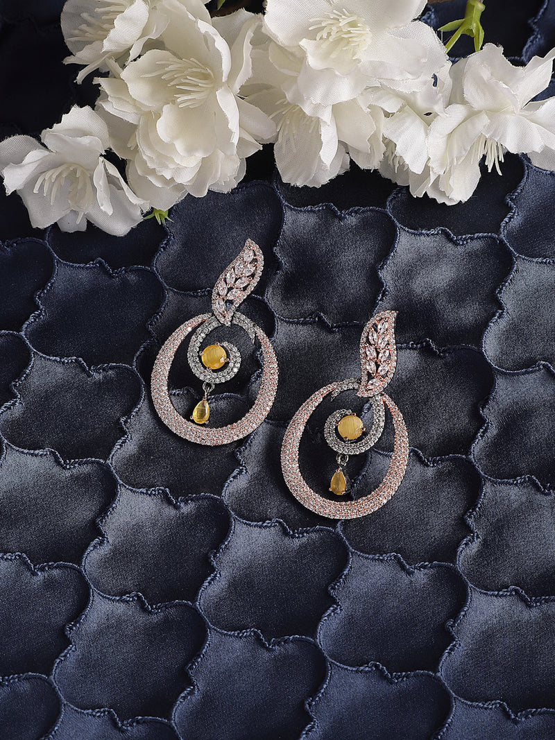 Rose Gold-Plated Gunmetal Toned Yellow American Diamond studded Oval Shaped Drop Earrings