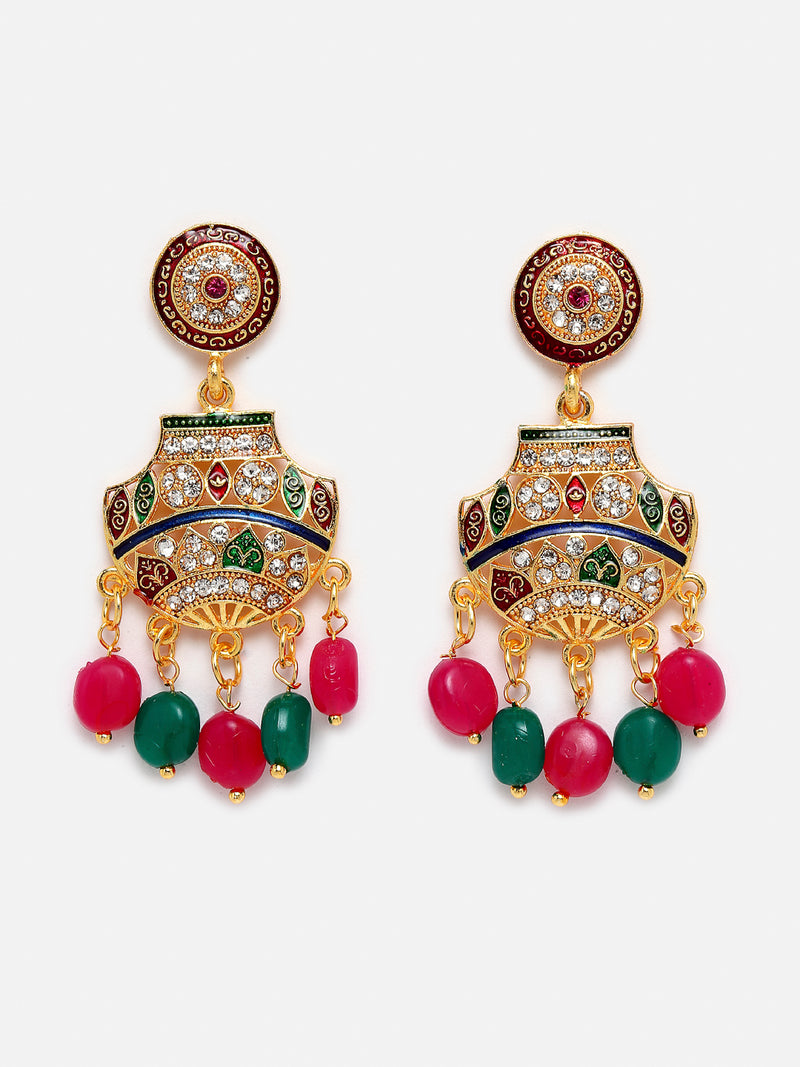 Hyderabadi Peacock Meenakari Style Pink, Green & White Kundan-Studded & Pearl Beaded Gold-Plated Jewellery Set