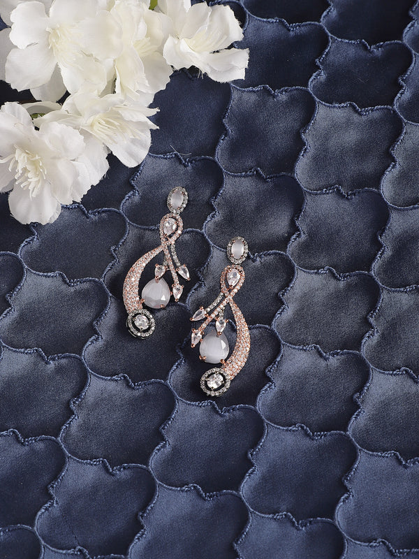 Rose Gold-Plated Gunmetal Toned Grey American Diamond studded Quirky Shaped Drop Earrings