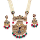 Hyderabadi Peacock Meenakari Style Pink, Green & White Kundan-Studded & Pearl Beaded Gold-Plated Jewellery Set