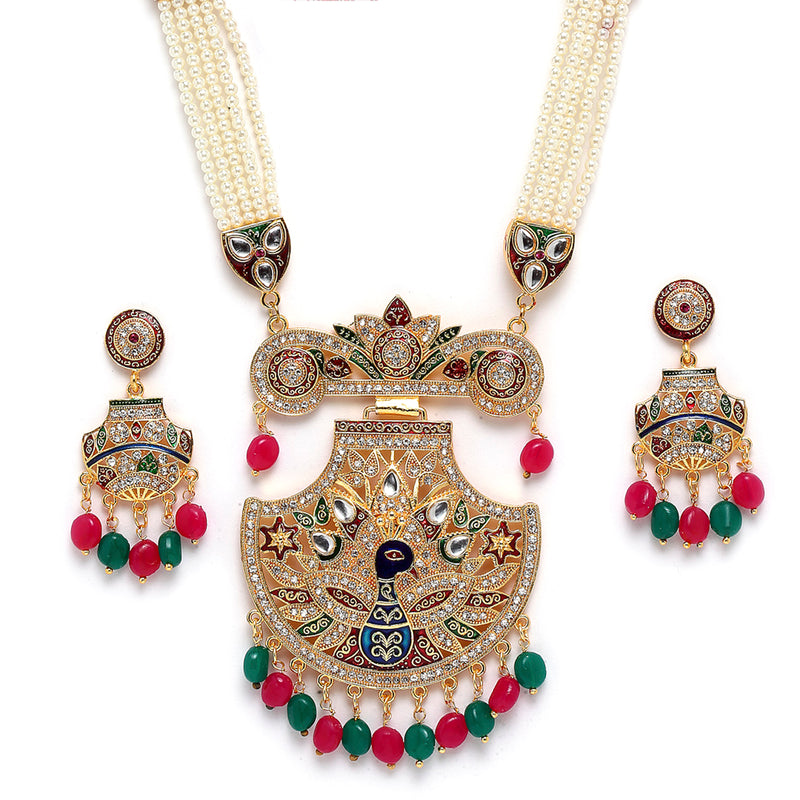 Hyderabadi Peacock Meenakari Style Pink, Green & White Kundan-Studded & Pearl Beaded Gold-Plated Jewellery Set