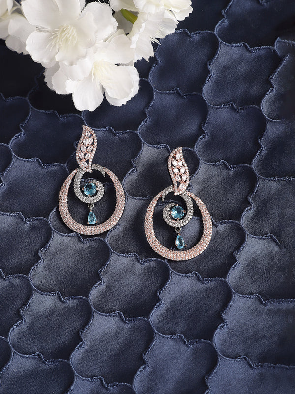 Rose Gold-Plated Gunmetal Toned Sky Blue American Diamond studded Oval Shaped Drop Earrings