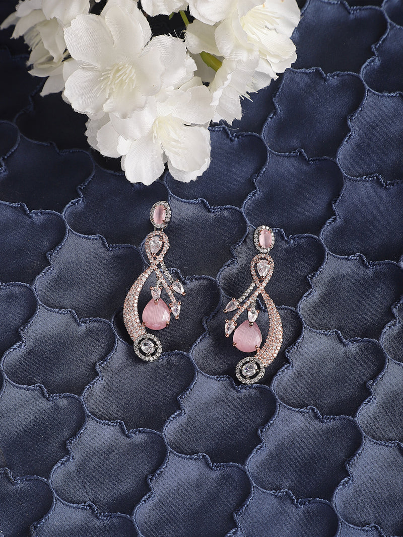 Rose Gold-Plated Gunmetal Toned Pink American Diamond studded Quirky Shaped Drop Earrings