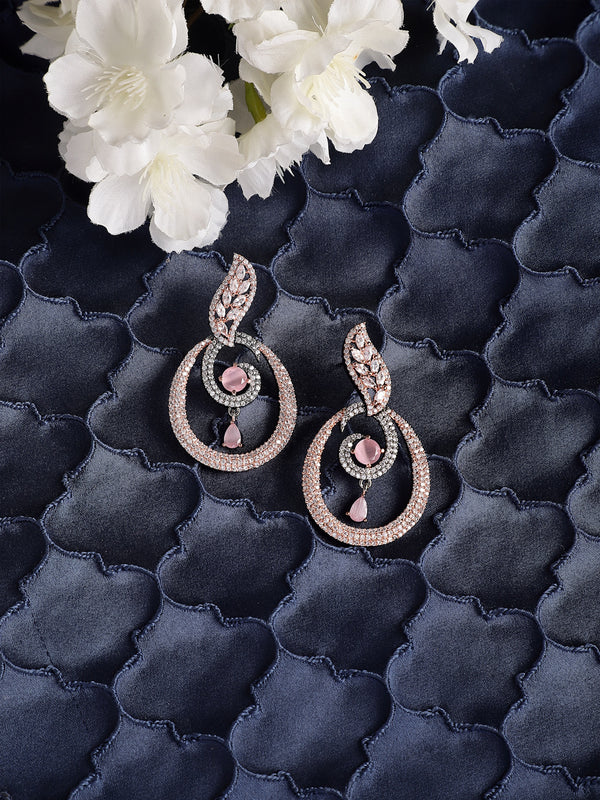 Rose Gold-Plated Gunmetal Toned Pink American Diamond studded Oval Shaped Drop Earrings