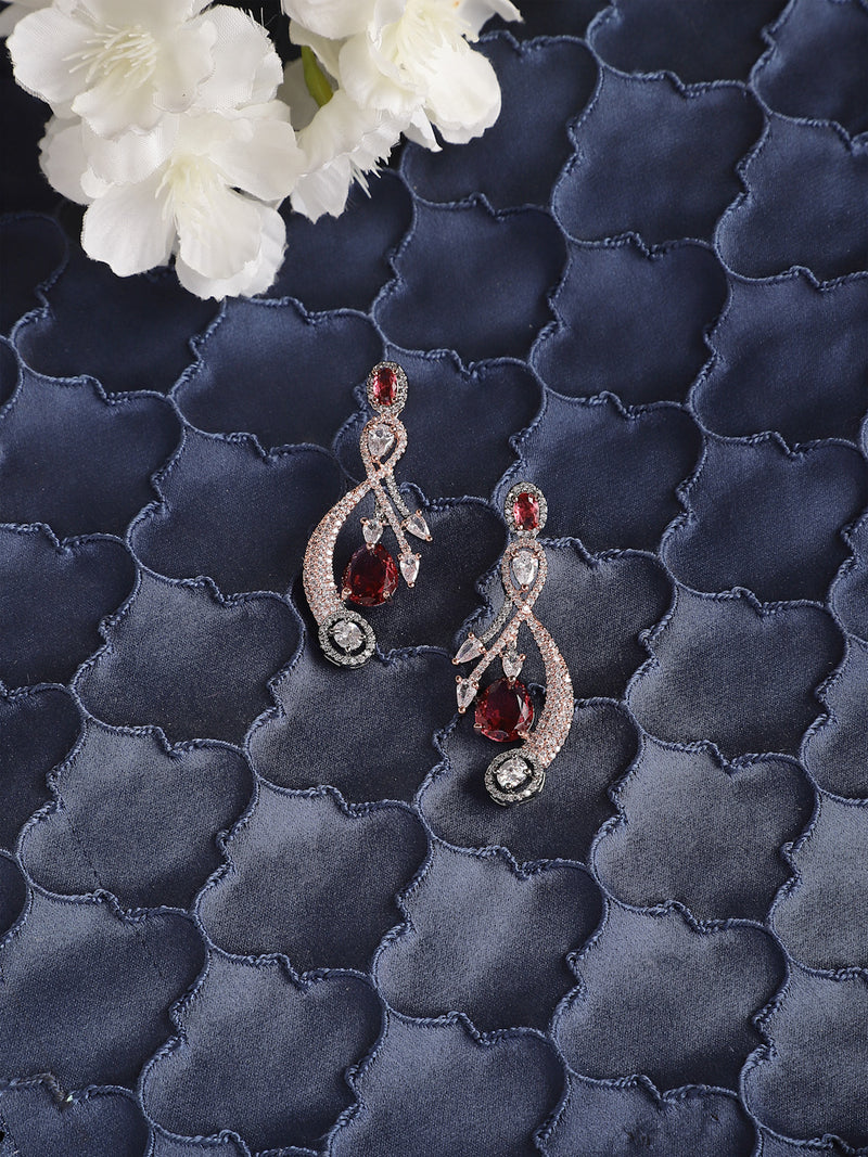 Rose Gold-Plated Gunmetal Toned Red American Diamond studded Quirky Shaped Drop Earrings
