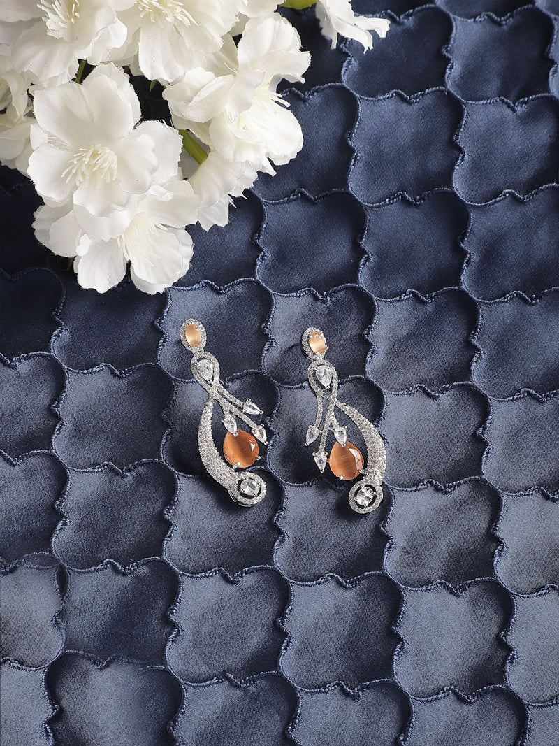 Rhodium-Plated Orange American Diamond studded Quirky Shaped Drop Earrings
