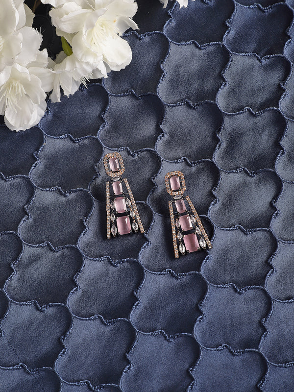 Rose Gold-Plated Gunmetal Toned Pink American Diamond studded Contemporary Drop Earrings
