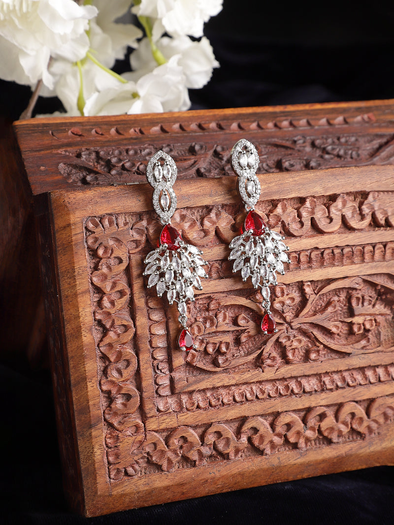 Rhodium-Plated Red American Diamond studded Handcrafted Spiked Drop Earrings