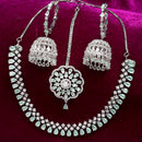 Rhodium-Plated with Silver-Tone Sea Green American Diamond Stone-studded Jewellery Set with Mang Tika Combo