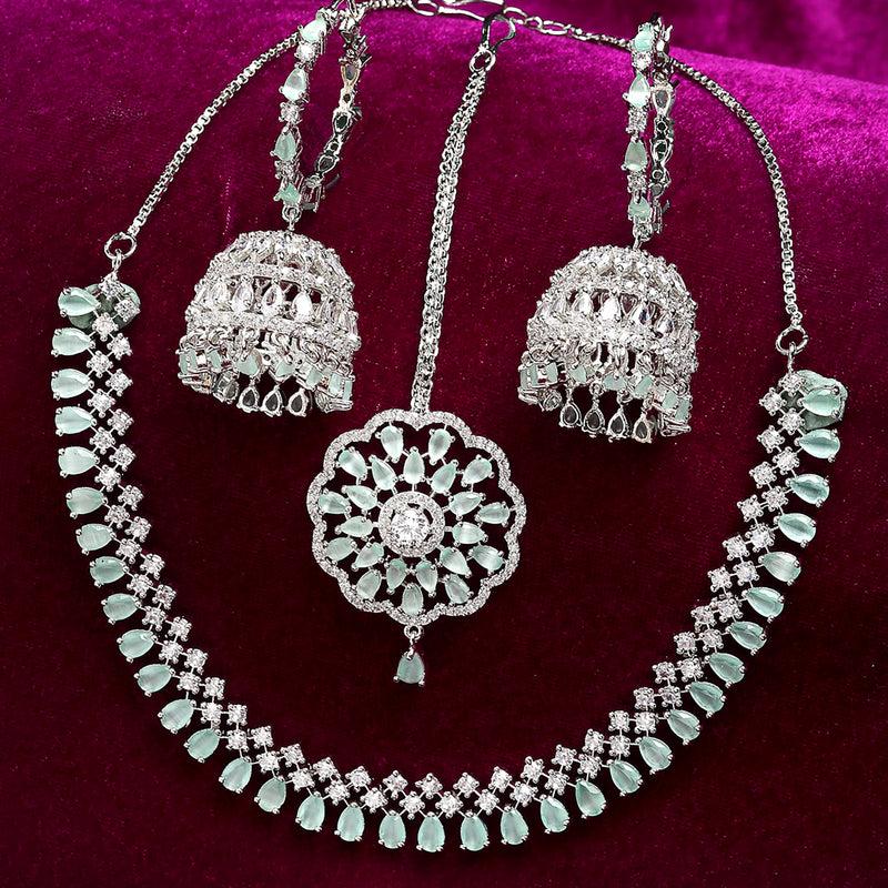 Rhodium-Plated with Silver-Tone Sea Green American Diamond Stone-studded Jewellery Set with Mang Tika Combo