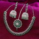 Rhodium-Plated with Silver-Tone Green American Diamond Stone-studded Jewellery Set with Mang Tika Combo