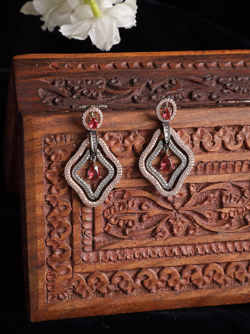 Rose Gold-Plated Gunmetal Toned Red American Diamond studded Layered Drop Earrings