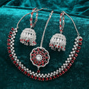 Rhodium-Plated with Silver-Tone & Red American Diamond Stone-Studded Jewellery Set Combo