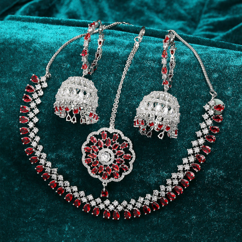 Rhodium-Plated with Silver-Tone & Red American Diamond Stone-Studded Jewellery Set Combo