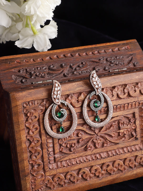 Rose Gold-Plated Gunmetal Toned Green American Diamond studded Oval Shaped Drop Earrings