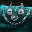 Rhodium-Plated with Silver-Tone Navy Blue & White American Diamond Stone-Studded Jewellery Set Combo