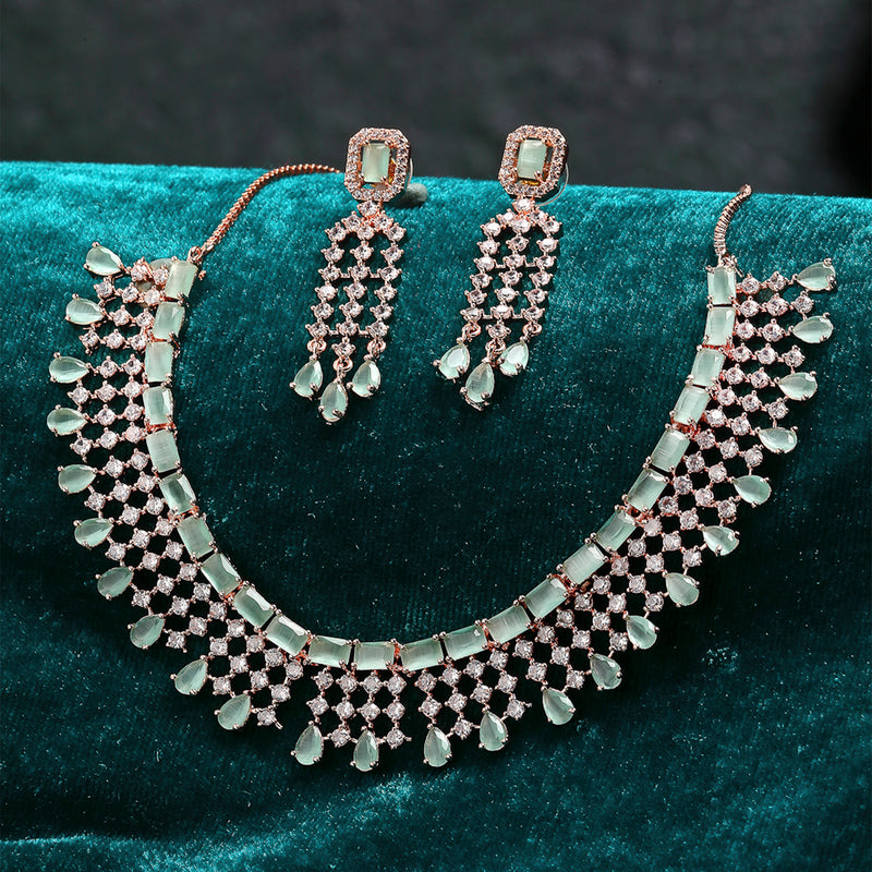Green American Diamond Gold-Plated with Rose-Tone Stone Studded Necklace Set