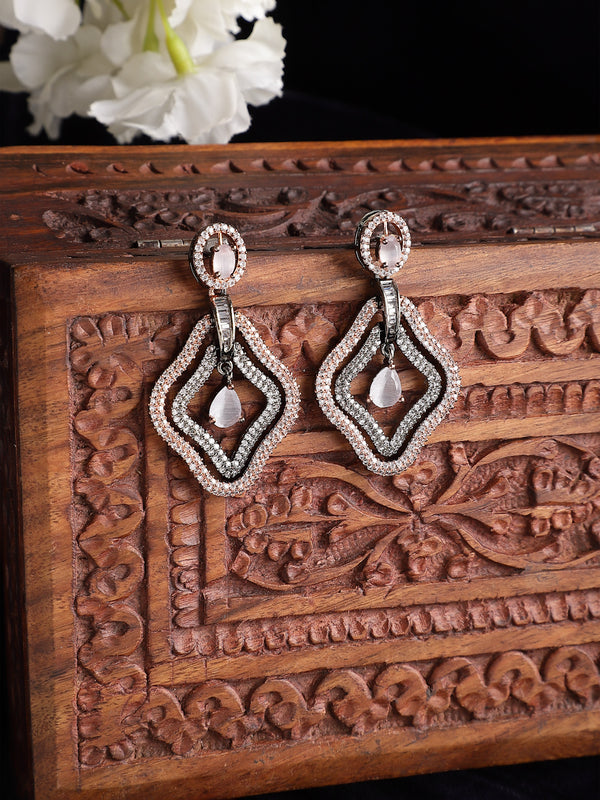 Rose Gold-Plated Gunmetal Toned Grey American Diamond studded Layered Drop Earrings