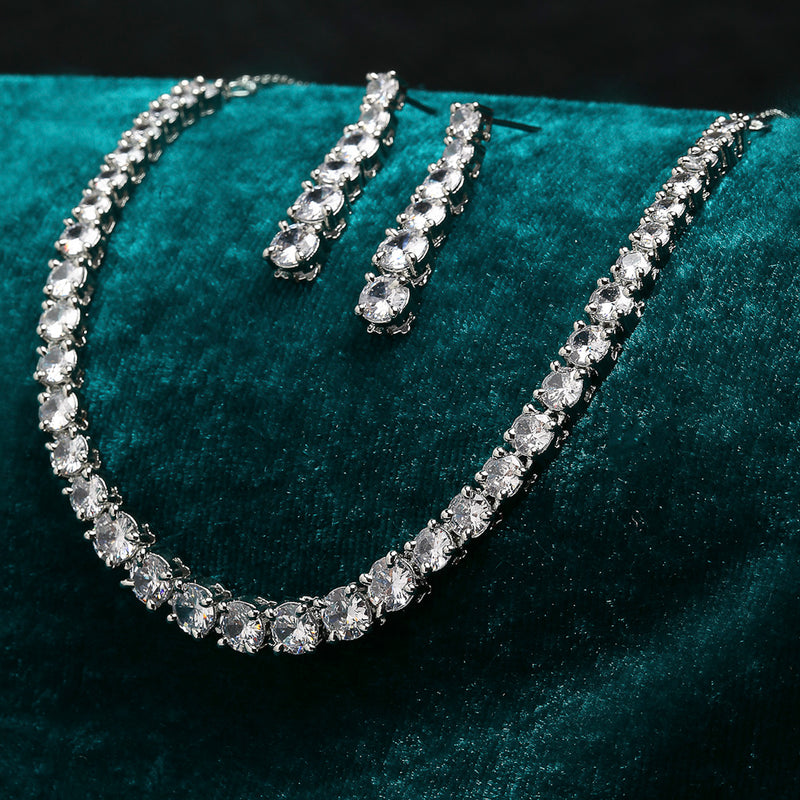 Rhodium-Plated with Silver-Tone White American Diamond Stone Studded Jewellery Set