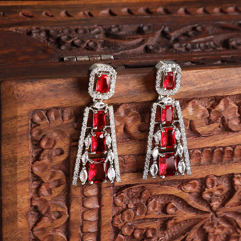 Rhodium-Plated Red American Diamond studded Contemporary Drop Earrings