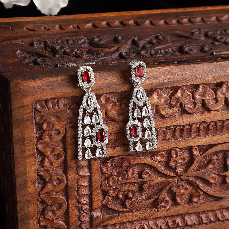 Rhodium-Plated Red American Diamond studded Classic Drop Earrings