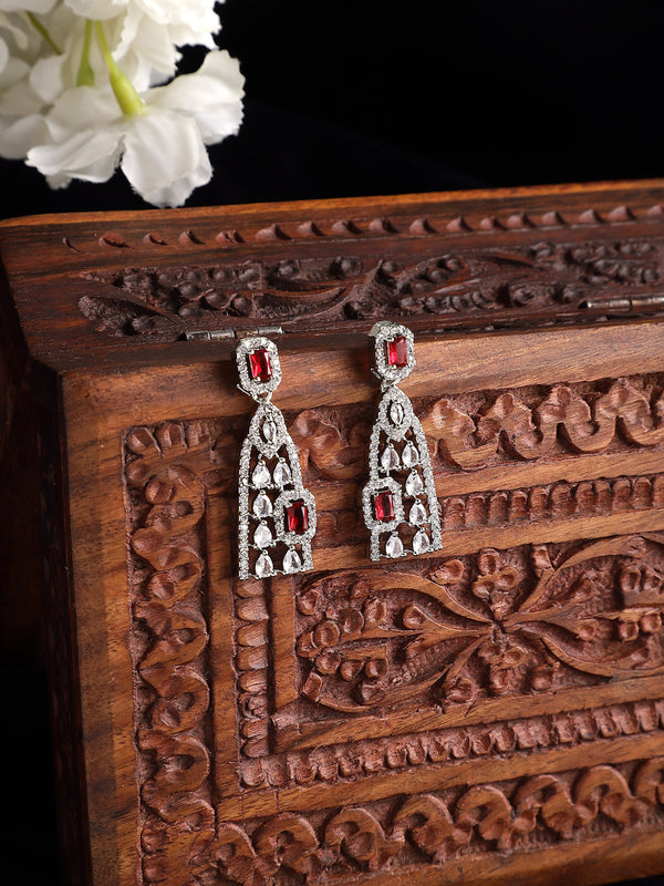 Rhodium-Plated Red American Diamond studded Classic Drop Earrings