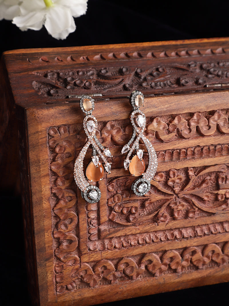 Rose Gold-Plated Gunmetal Toned Orange American Diamond studded Quirky Shaped Drop Earrings